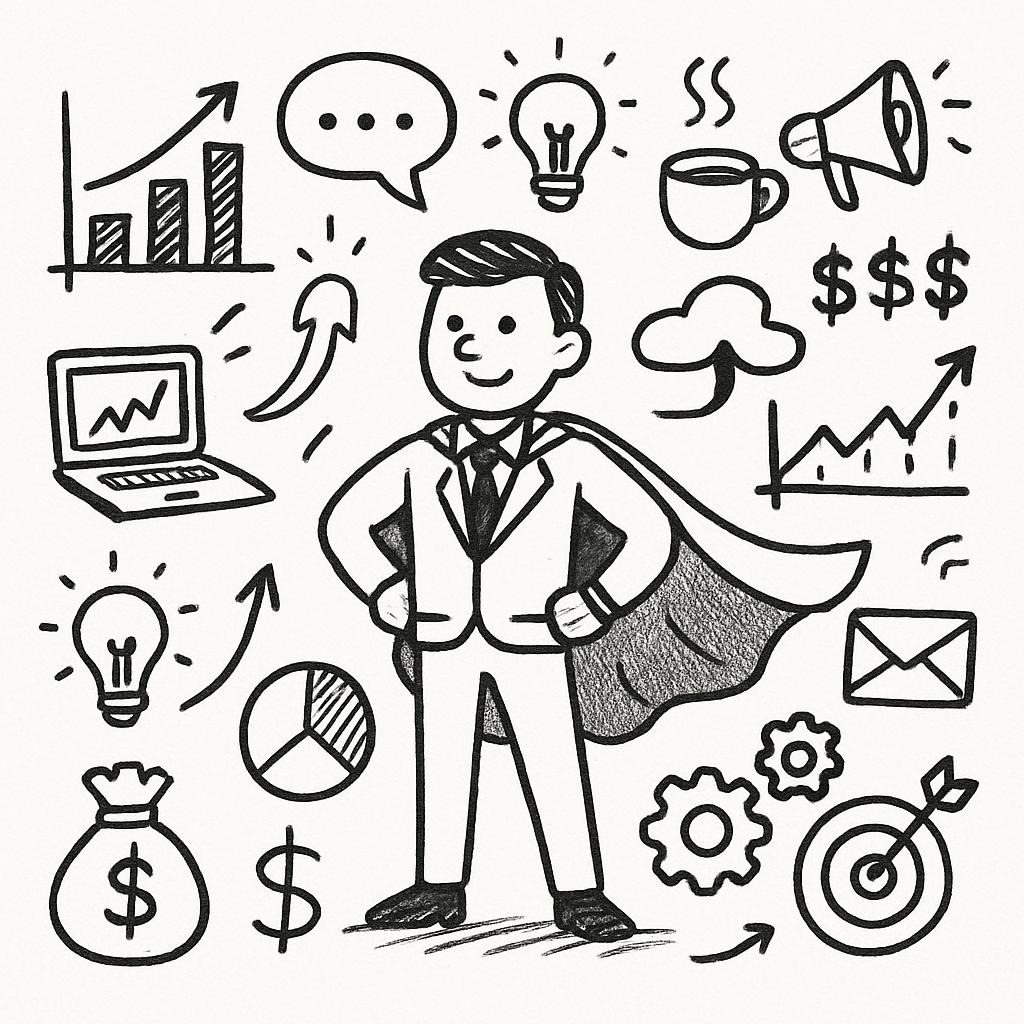 A man in a cape surrounded by business items.